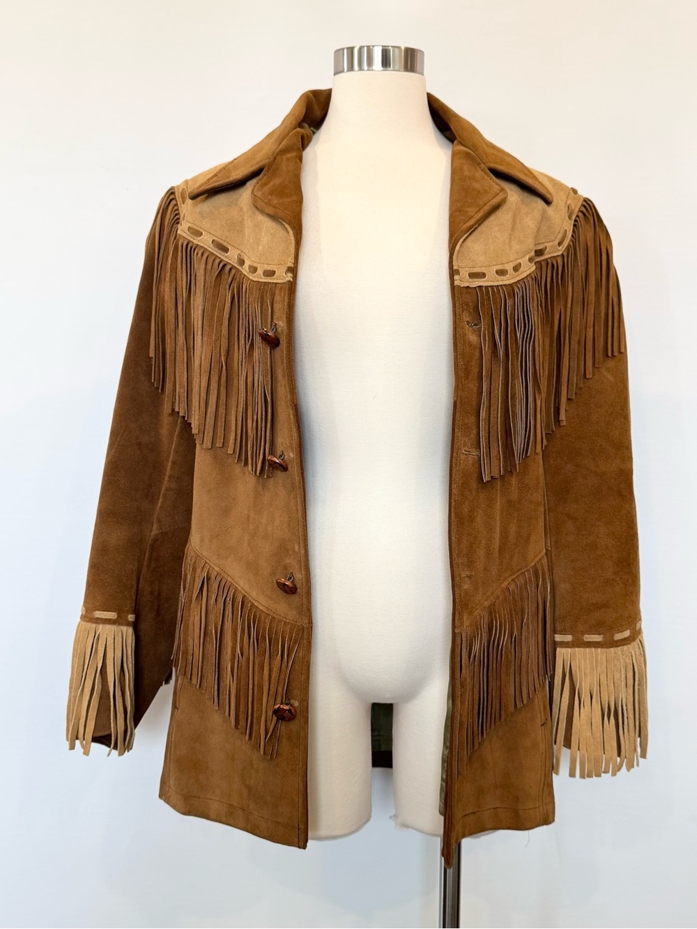 Vintage Pioneer Wear Genuine Leather Suede Fringe Two Tone Brown 70s Jacket Coat - Picture 10 of 12